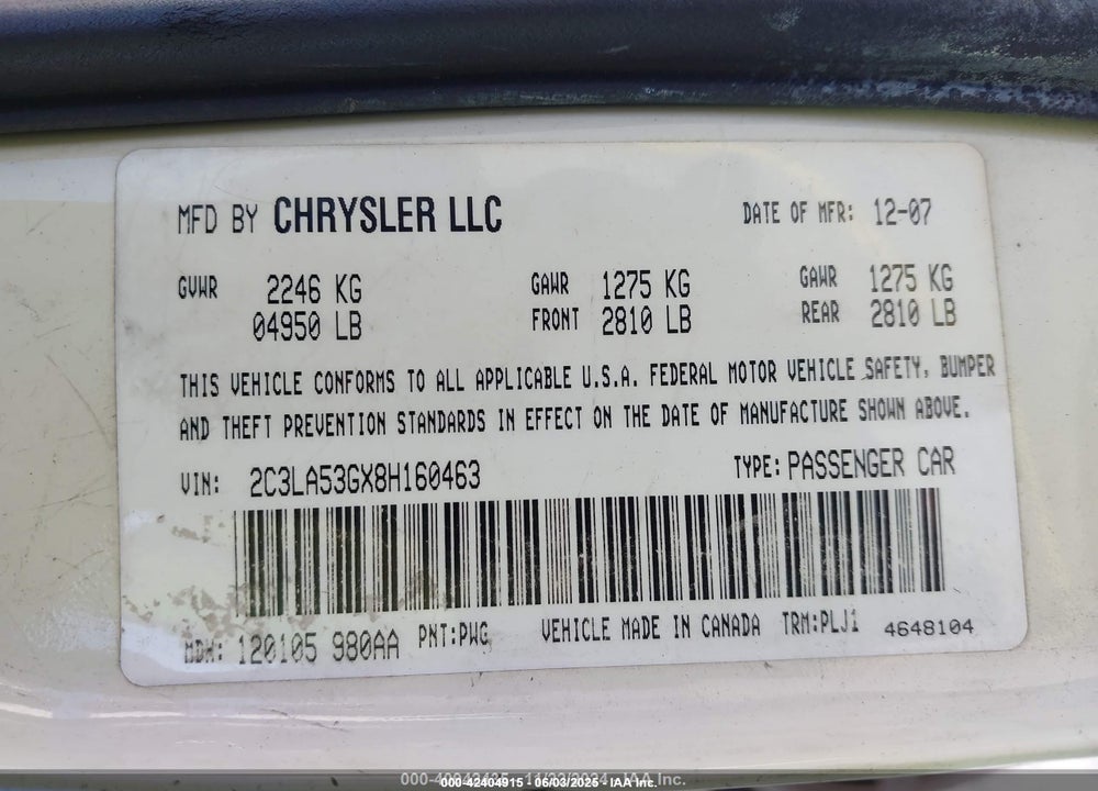 2008 CHRYSLER 300 TOURING VIN: 2C3LA53GX8H160463