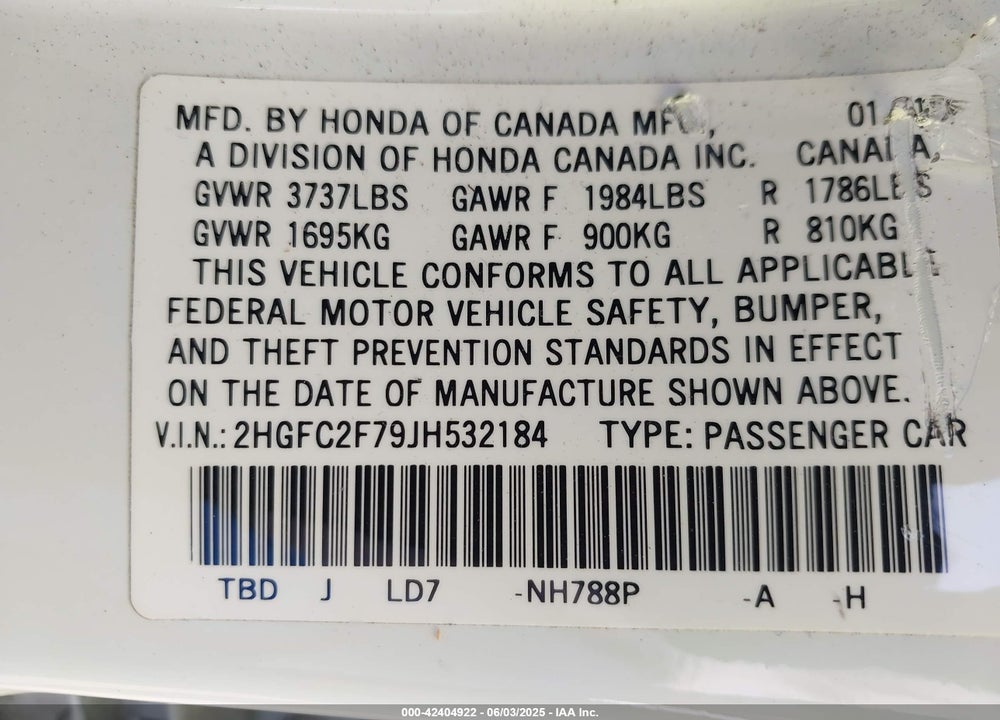 2018 HONDA CIVIC EX VIN: 2HGFC2F79JH532184
