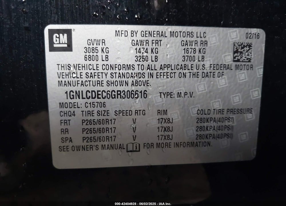 2016 CHEVROLET TAHOE VIN: 1GNLCDEC6GR306616