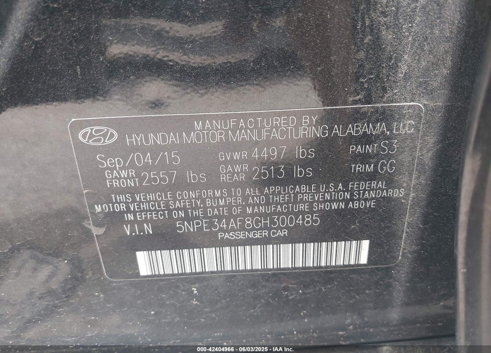 2016 HYUNDAI SONATA LIMITED VIN: 5NPE34AF8GH300485