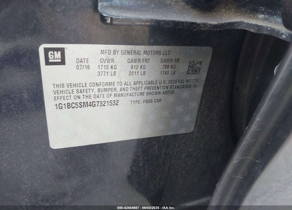 2016 CHEVROLET CRUZE VIN: 1G1BC5SM4G7321532