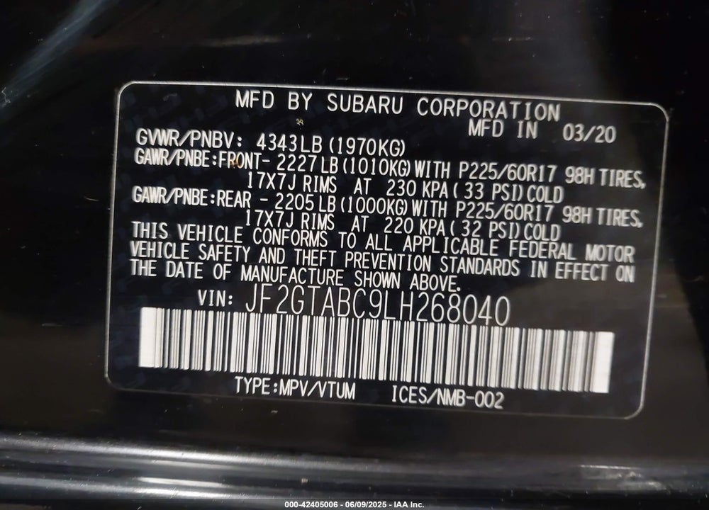 2020 SUBARU CROSSTREK VIN: JF2GTABC9LH268040