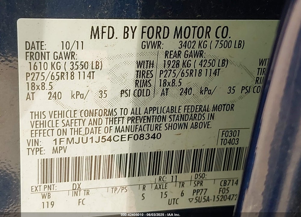2012 FORD EXPEDITION VIN: 1FMJU1J54CEF08340
