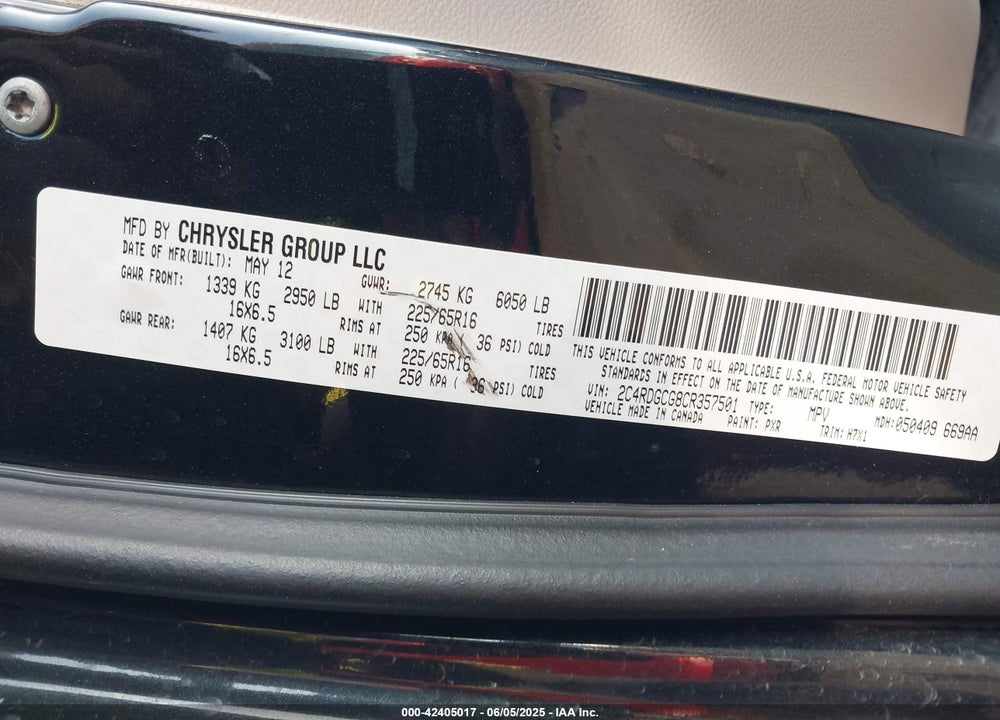 2012 DODGE GRAND CARAVAN SXT VIN: 2C4RDGCG8CR357501