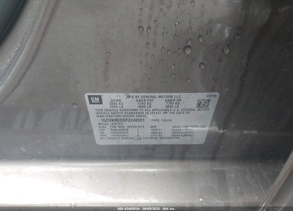 2015 CHEVROLET SILVERADO 1500 VIN: 1GCVKRECXFZ242631