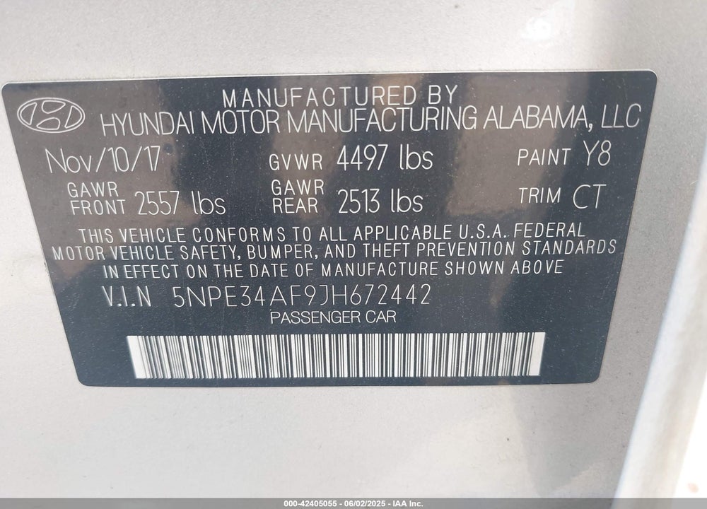 2018 HYUNDAI SONATA VIN: 5NPE34AF9JH672442