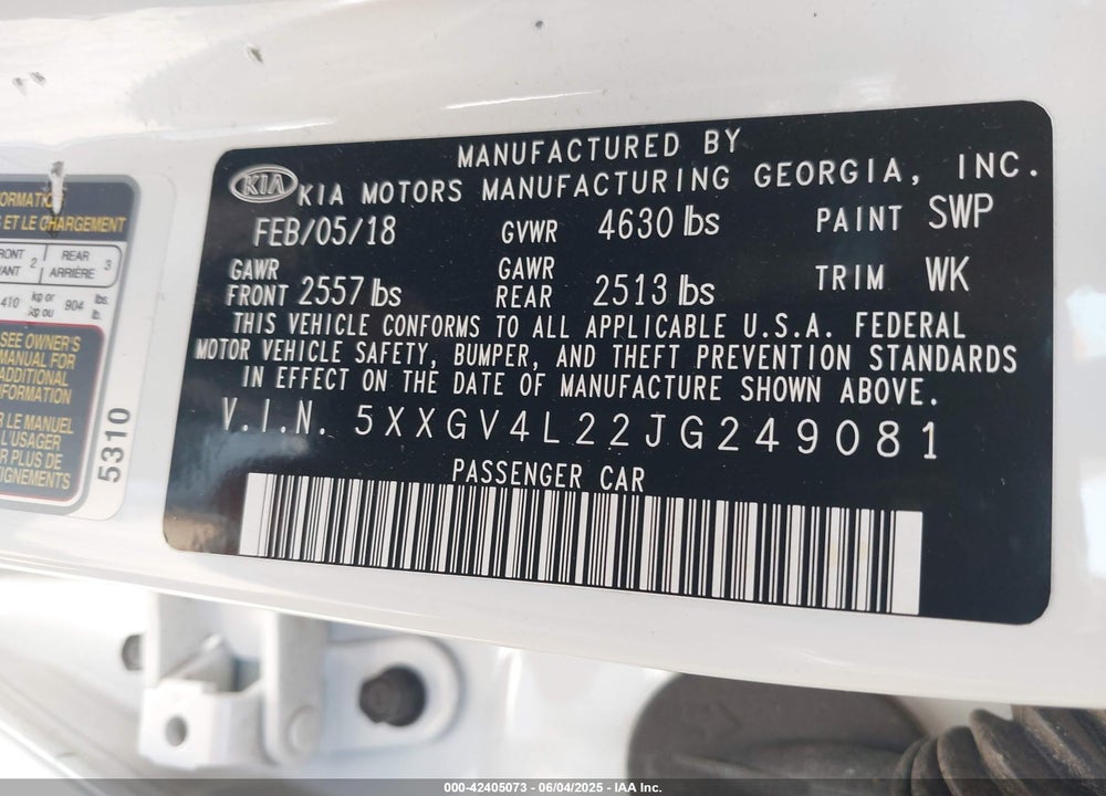 2018 KIA OPTIMA VIN: 5XXGV4L22JG249081
