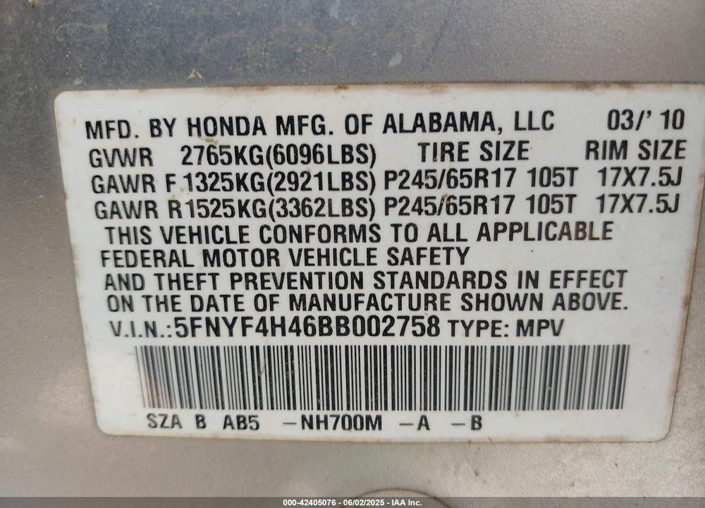 2011 HONDA PILOT EX VIN: 5FNYF4H46BB002758
