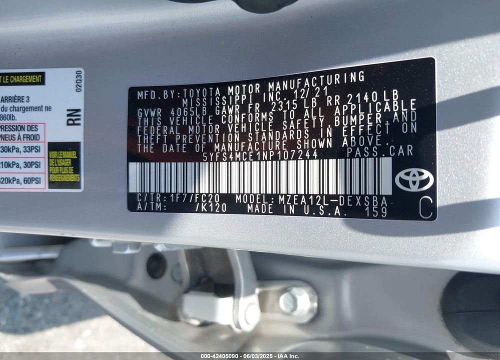 2022 TOYOTA COROLLA VIN: 5YFS4MCE1NP107244