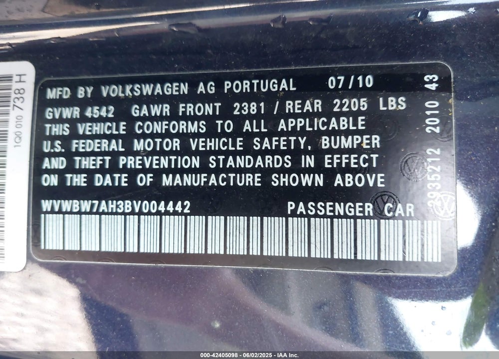2011 VOLKSWAGEN EOS VIN: WVWBW7AH3BV004442