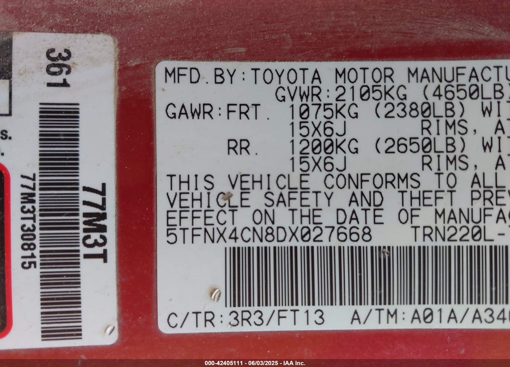 2013 TOYOTA TACOMA VIN: 5TFNX4CN8DX027668