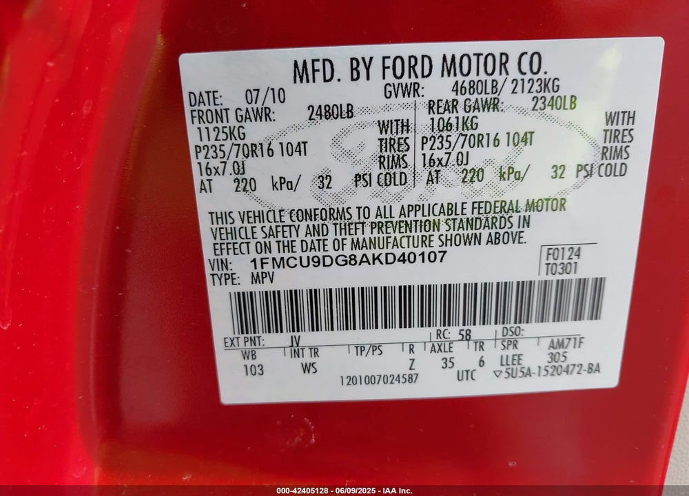 2010 FORD ESCAPE XLT VIN: 1FMCU9DG8AKD40107