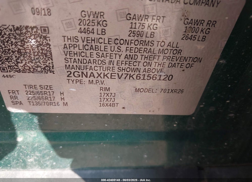 2019 CHEVROLET EQUINOX LT VIN: 2GNAXKEV7K6156120