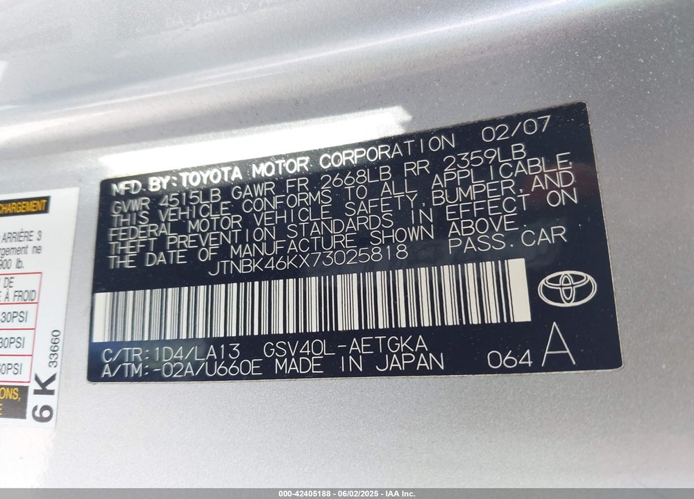 2007 TOYOTA CAMRY VIN: JTNBK46KX73025818