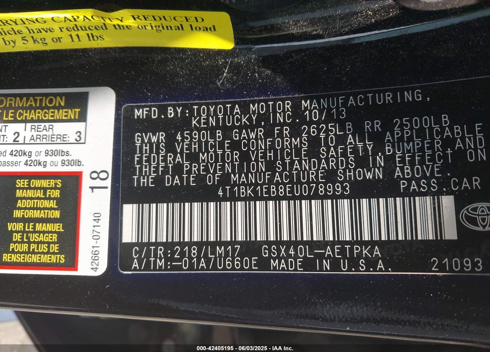 2014 TOYOTA AVALON VIN: 4T1BK1EB8EU078993
