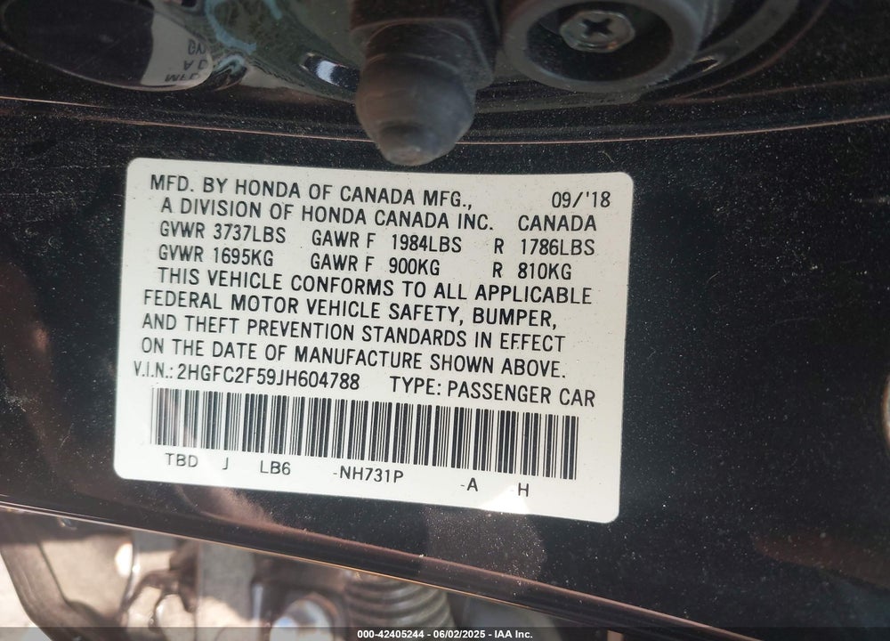2018 HONDA CIVIC VIN: 2HGFC2F59JH604788