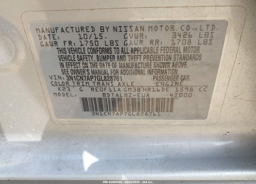 2016 NISSAN VERSA VIN: 3N1CN7AP7GL828761