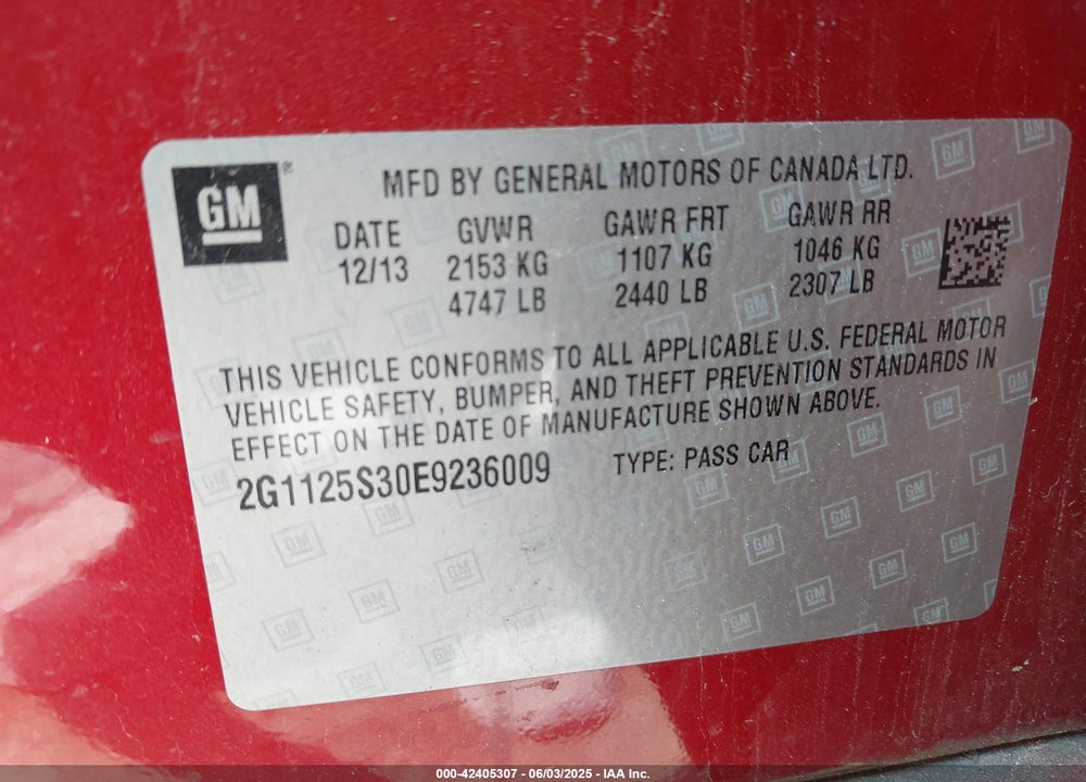 2014 CHEVROLET IMPALA VIN: 2G1125S30E9236009