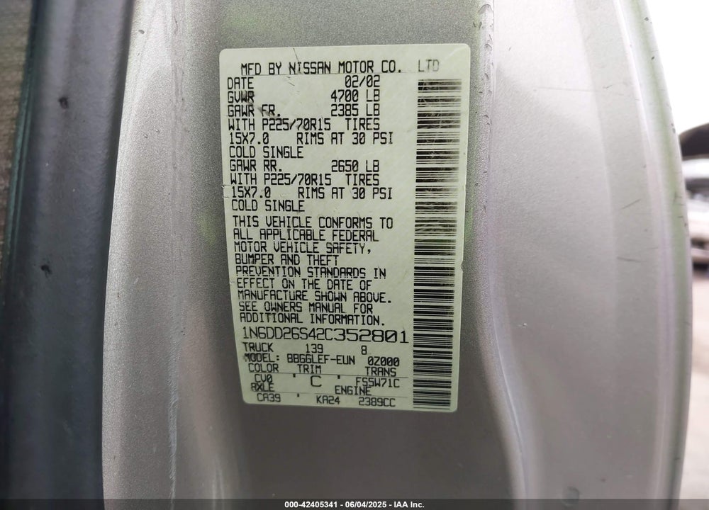 2002 NISSAN FRONTIER XE VIN: 1N6DD26S42C352801
