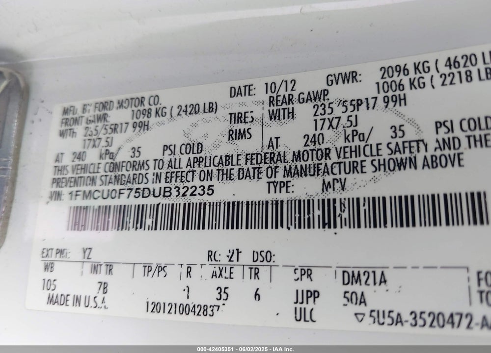 2013 FORD ESCAPE VIN: 1FMCU0F75DUB32235