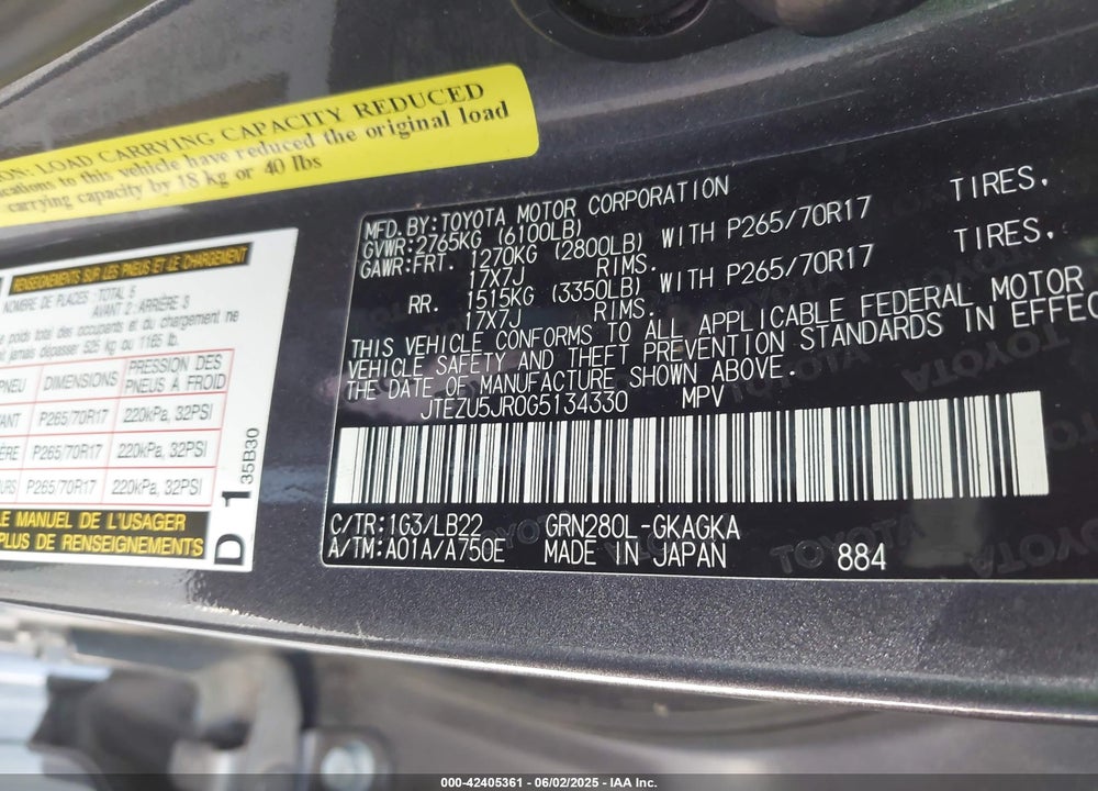 2016 TOYOTA 4RUNNER VIN: JTEZU5JR0G5134330