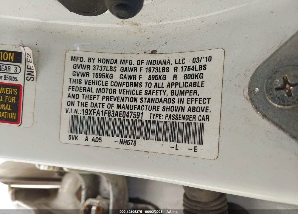 2010 HONDA CIVIC VIN: 19XFA1F83AE047591