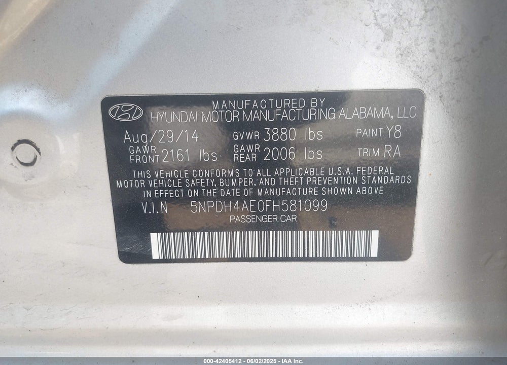 2015 HYUNDAI ELANTRA VIN: 5NPDH4AE0FH581099