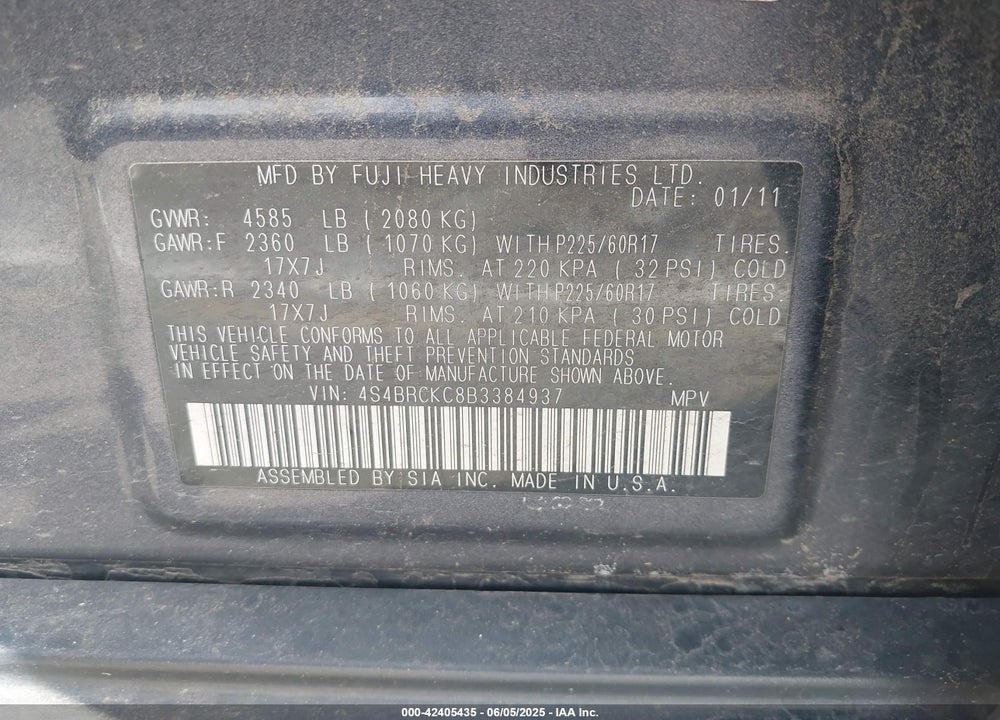 2011 SUBARU OUTBACK VIN: 4S4BRCKC8B3384937