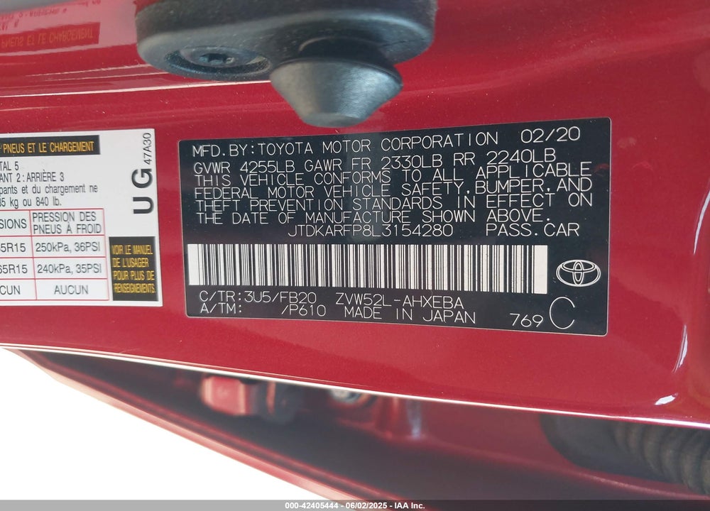 2020 TOYOTA PRIUS PRIME VIN: JTDKARFP8L3154280