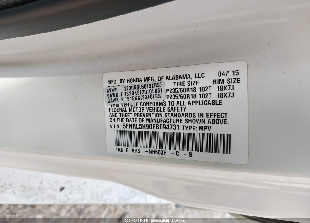 2015 HONDA ODYSSEY VIN: 5FNRL5H90FB094731
