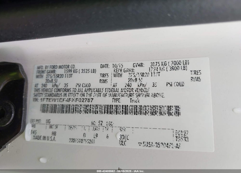 2015 FORD F-150 VIN: 1FTEW1EF4FKF02787