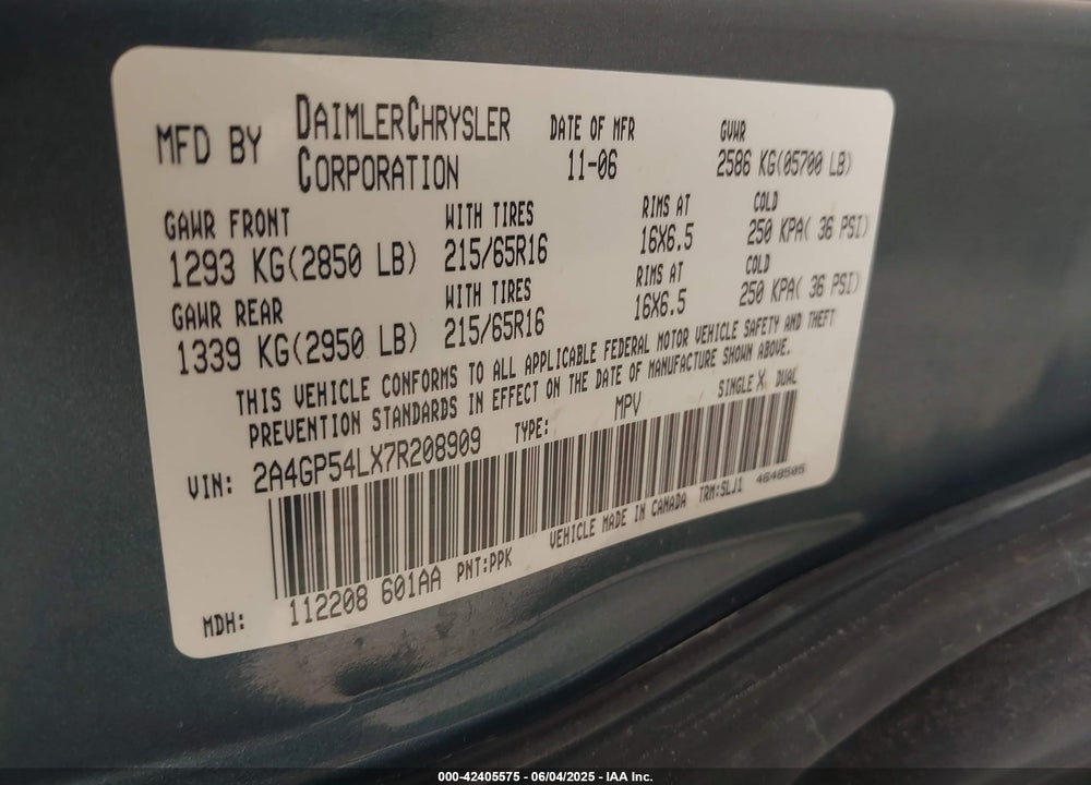 2007 CHRYSLER TOWN & COUNTRY VIN: 2A4GP54LX7R208909
