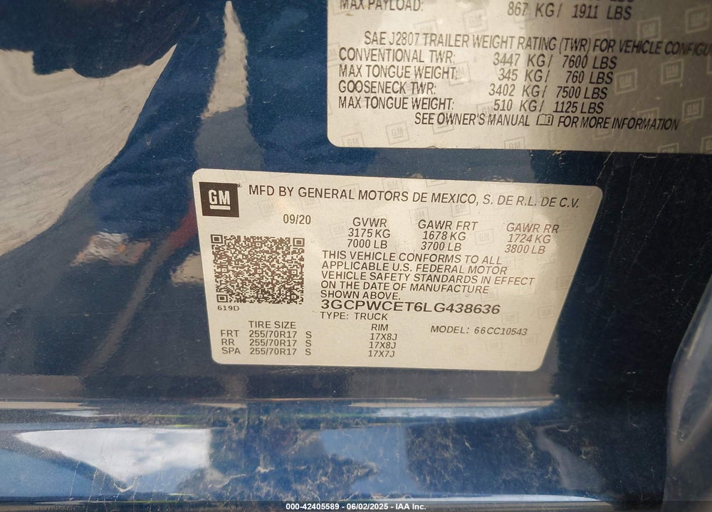 2020 CHEVROLET SILVERADO 1500 2WD SHORT BED LT VIN: 3GCPWCET6LG438636