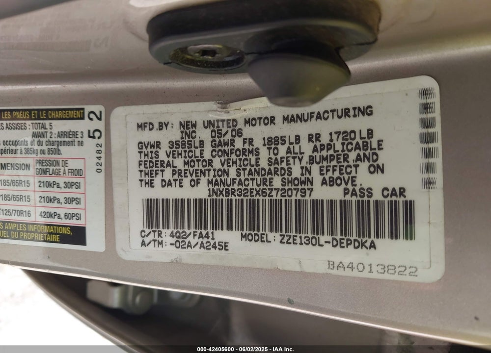 2006 TOYOTA COROLLA VIN: 1NXBR32EX6Z720797