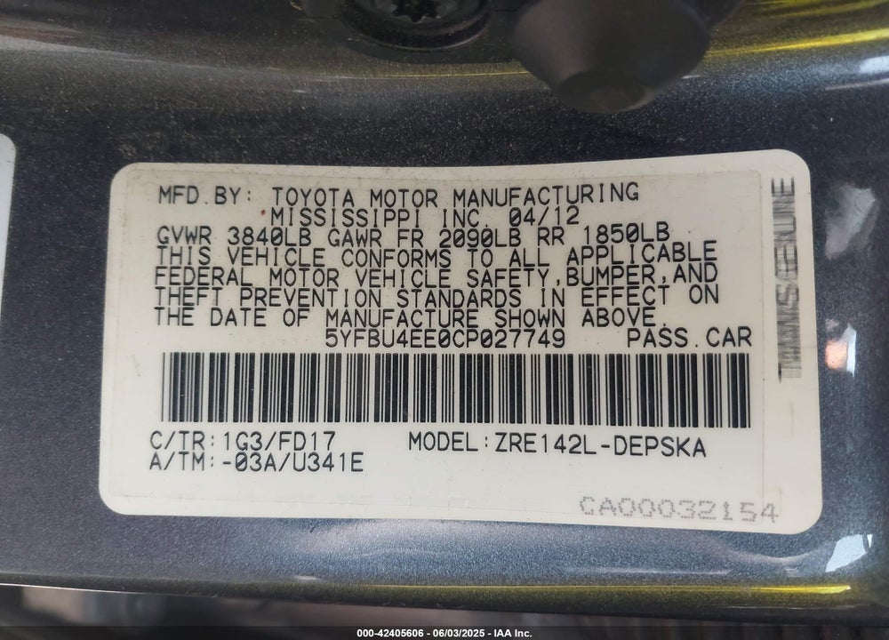 2012 TOYOTA COROLLA VIN: 5YFBU4EE0CP027749