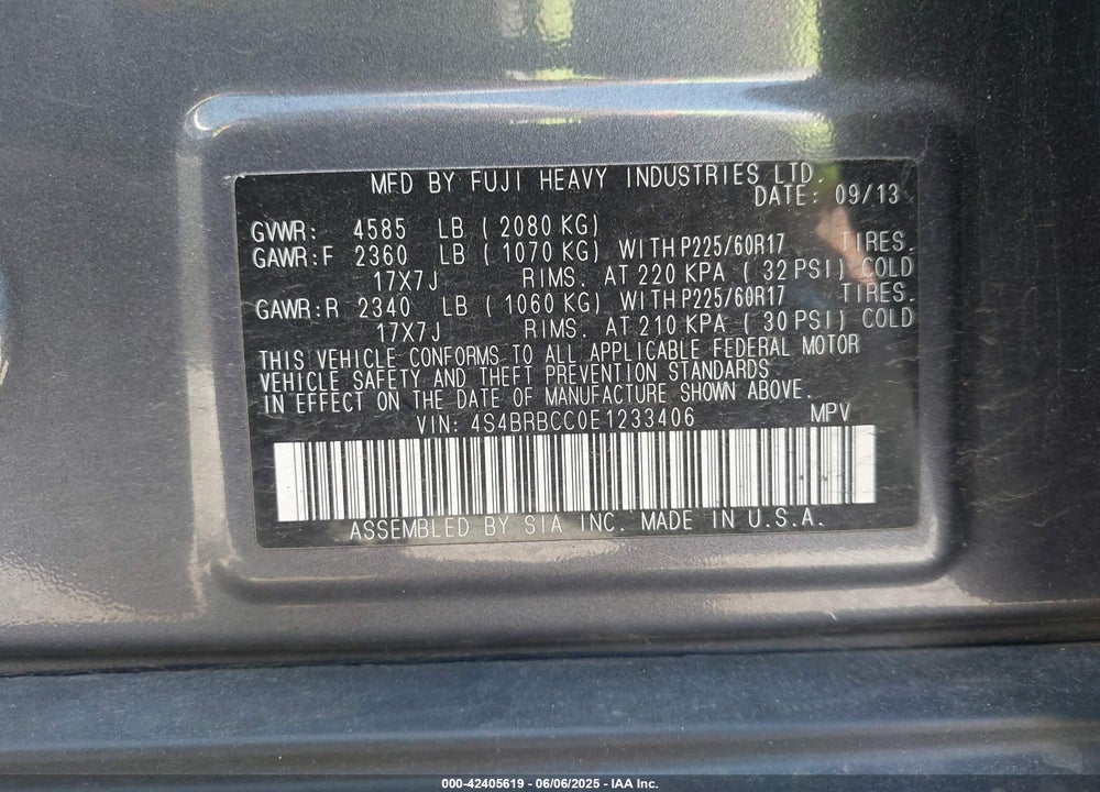 2014 SUBARU OUTBACK VIN: 4S4BRBCC0E1233406