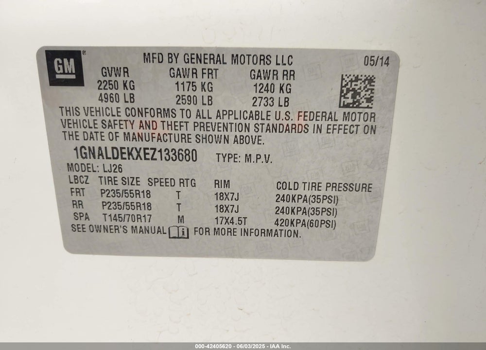 2014 CHEVROLET EQUINOX VIN: 1GNALDEKXEZ133680