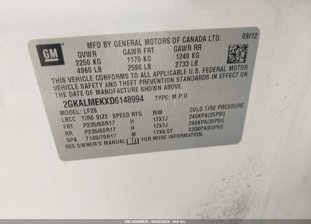 2013 GMC TERRAIN SLE-1 VIN: 2GKALMEKXD6148994