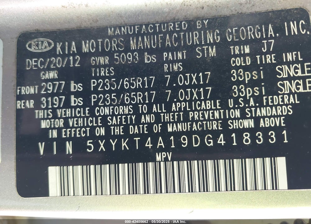 2013 KIA SORENTO VIN: 5XYKT4A19DG418331