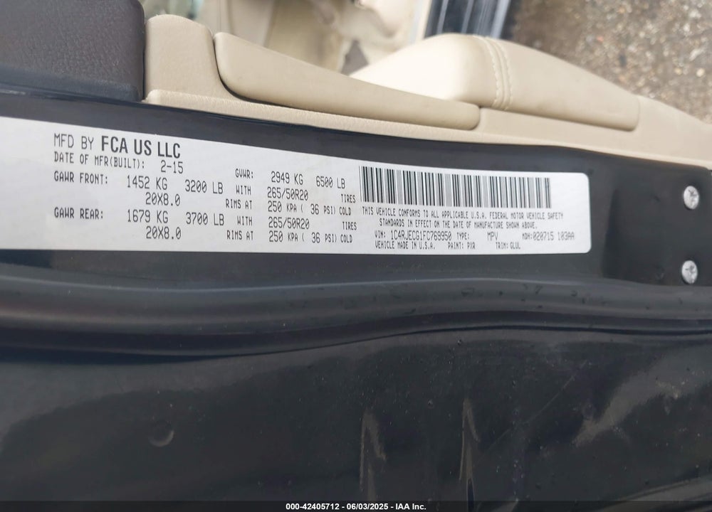 2015 JEEP GRAND CHEROKEE VIN: 1C4RJECG1FC769950