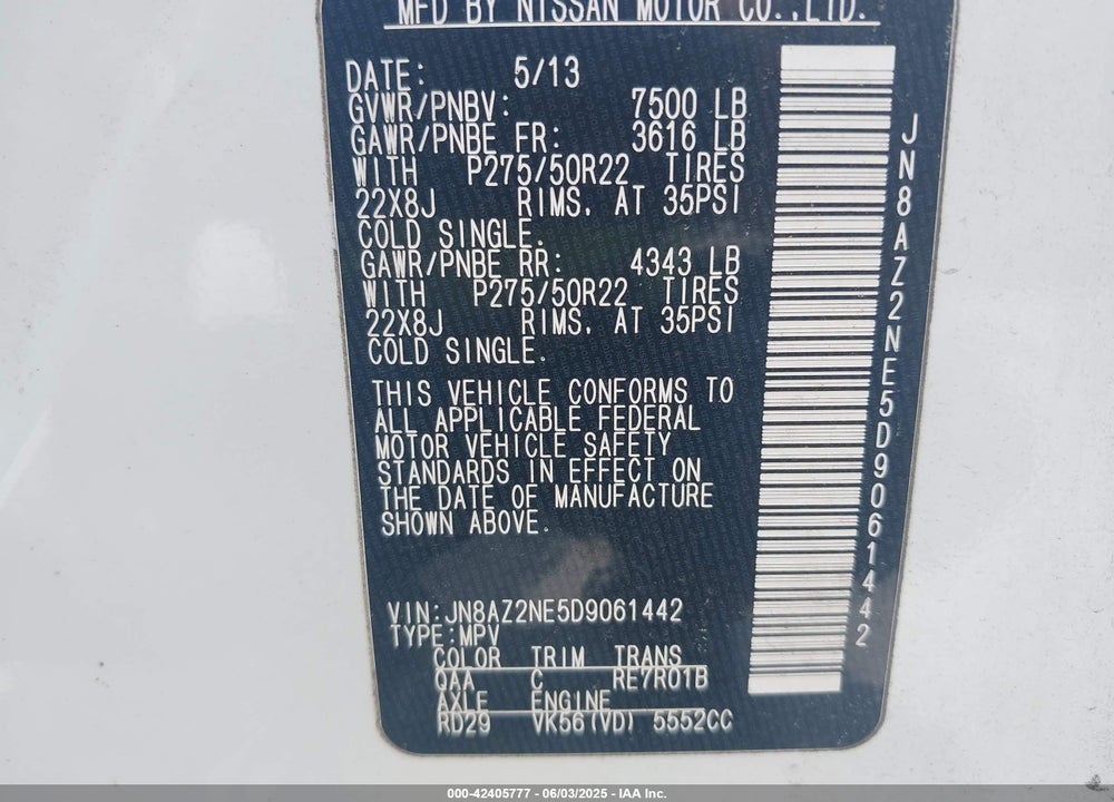 2013 INFINITI QX56 VIN: JN8AZ2NE5D9061442