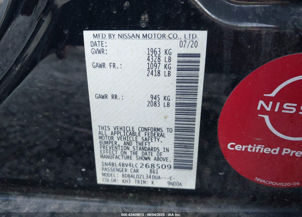 2020 NISSAN ALTIMA VIN: 1N4BL4BV4LC268509