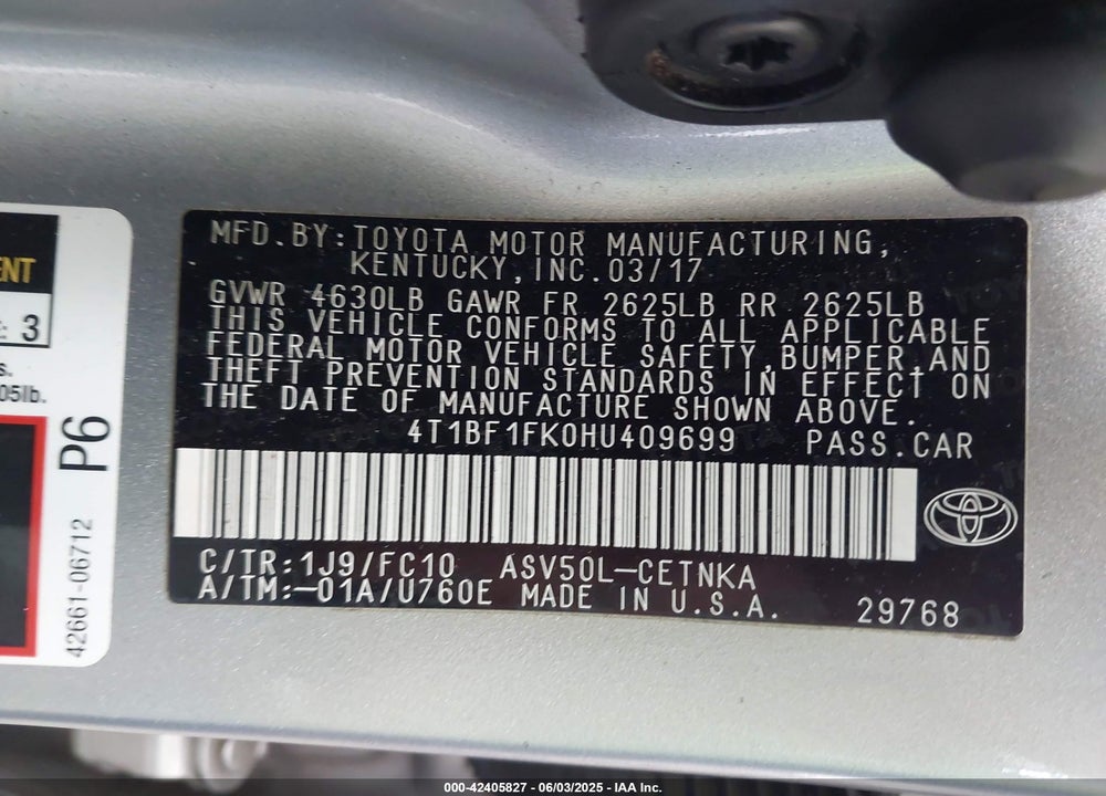 2017 TOYOTA CAMRY LE VIN: 4T1BF1FK0HU409699