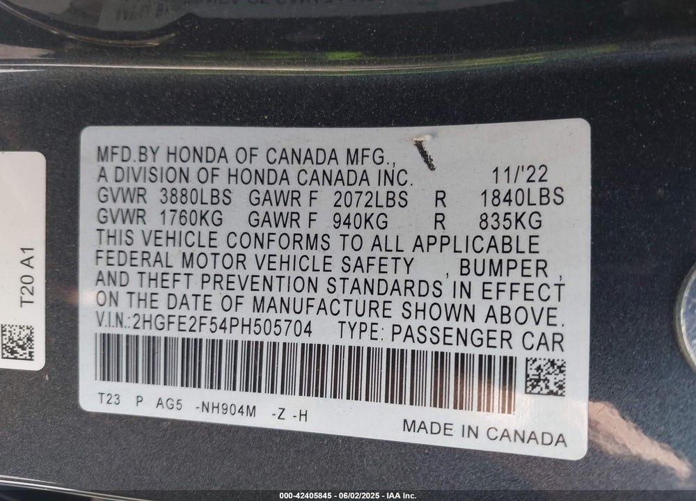 2023 HONDA CIVIC VIN: 2HGFE2F54PH505704