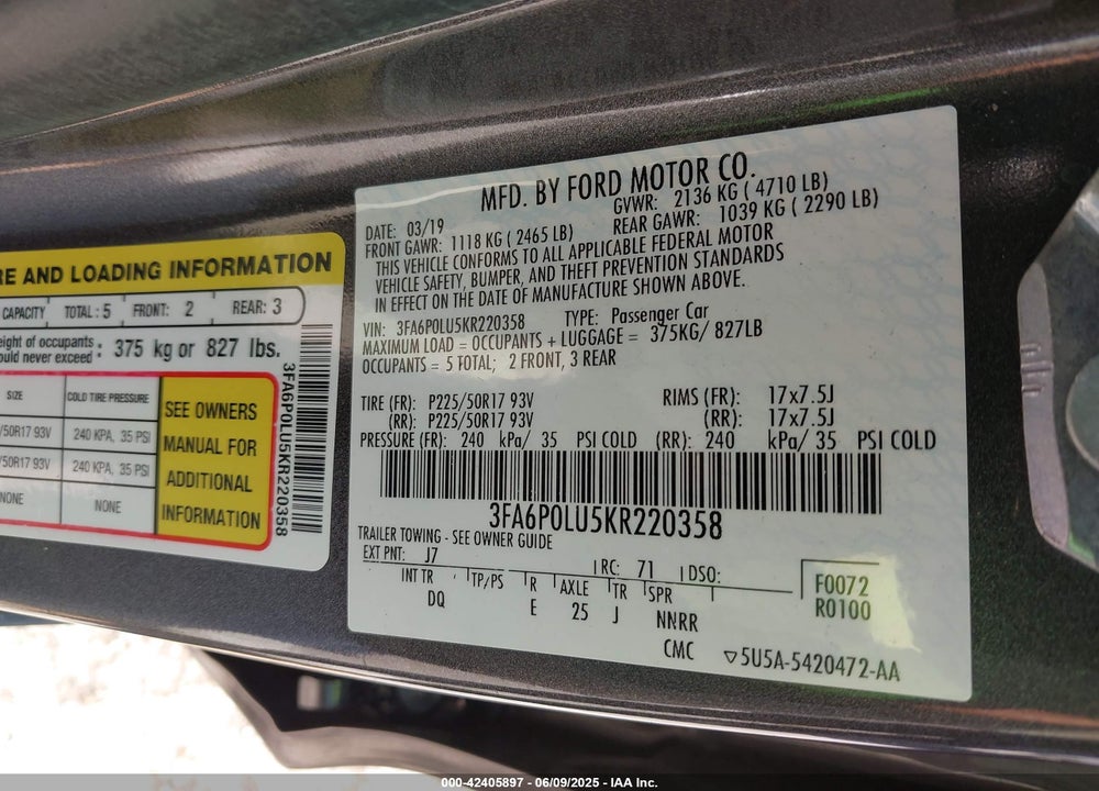 2019 FORD FUSION HYBRID VIN: 3FA6P0LU5KR220358