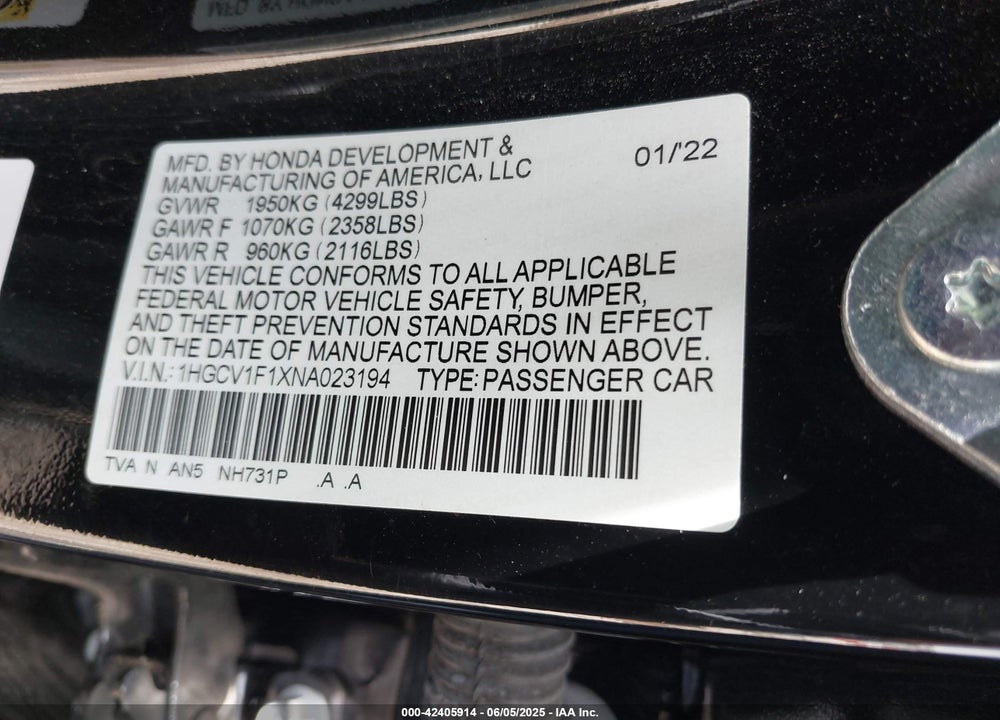 2022 HONDA ACCORD LX VIN: 1HGCV1F1XNA023194