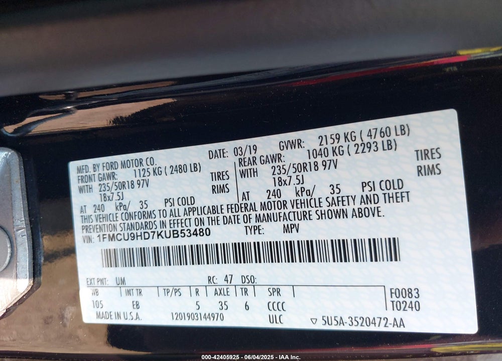 2019 FORD ESCAPE VIN: 1FMCU9HD7KUB53480