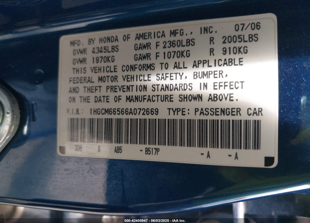 2006 HONDA ACCORD 3.0 EX VIN: 1HGCM66566A072669