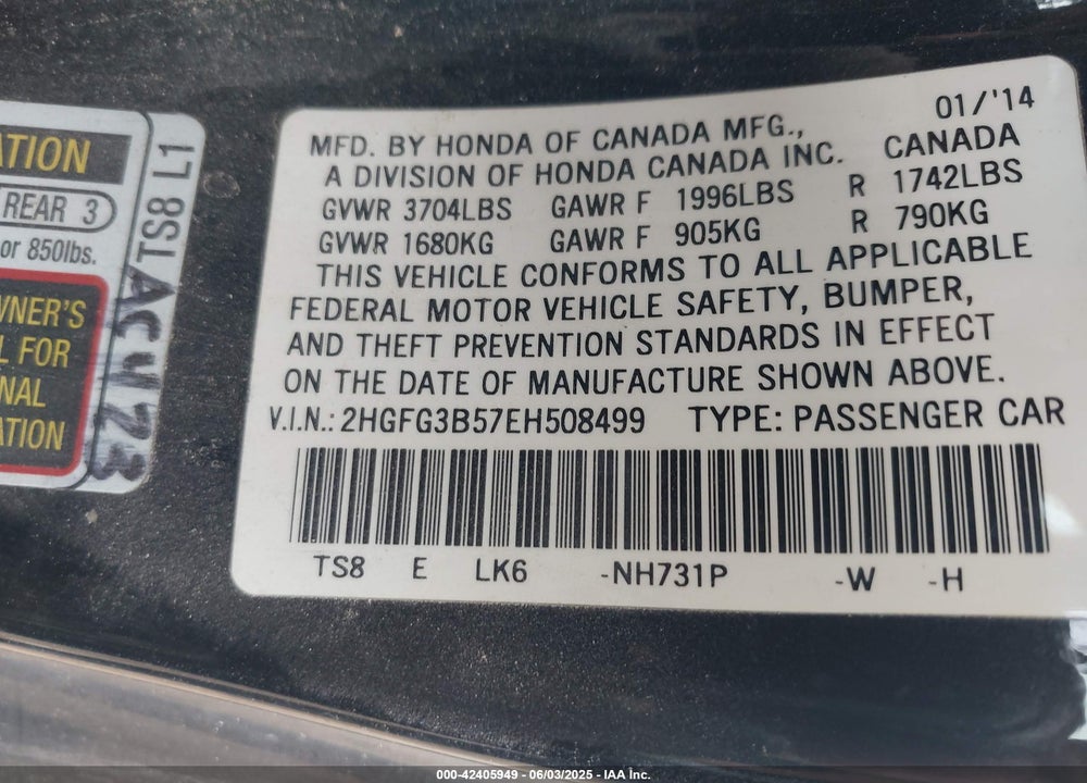 2014 HONDA CIVIC VIN: 2HGFG3B57EH508499
