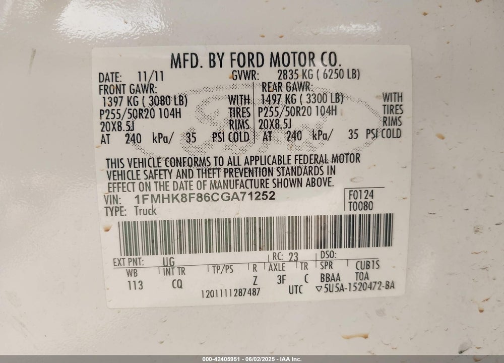 2012 FORD EXPLORER VIN: 1FMHK8F86CGA71252